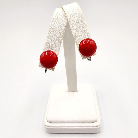 Vintage 1940s, 50s Cherry Red Glass Button Earrings Screw-Back Atomic Retro Pop - Picture 2 of 5